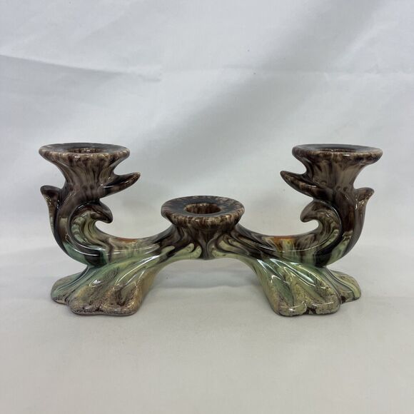 Vintage Germany Pottery Triple Candle Holder Jasba Keramik Orange Brown Glazed - Picture 1 of 9